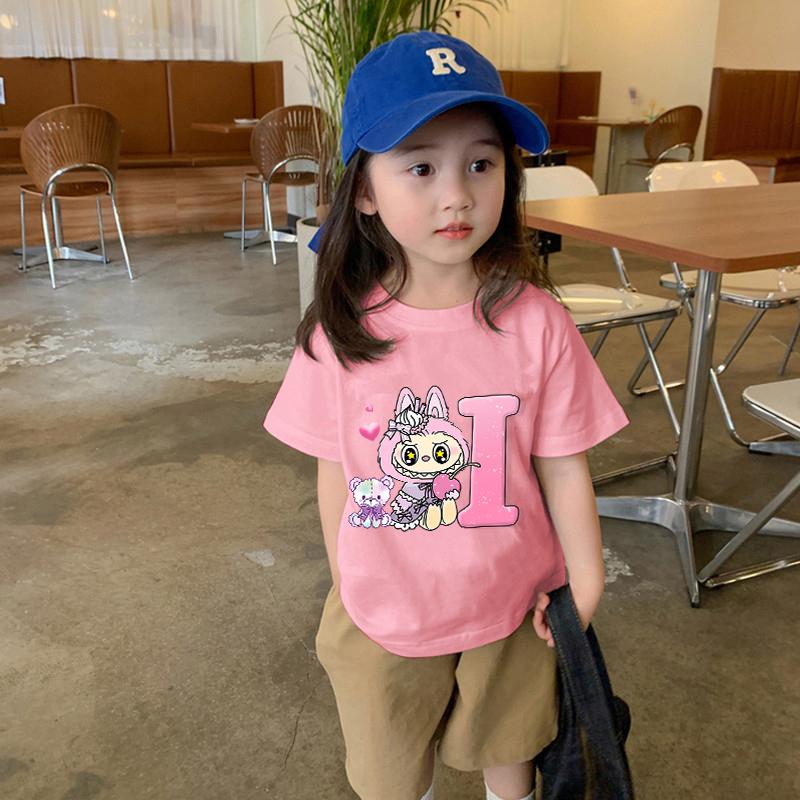 Labubu Kawaii T-shirts for Girls Anime Cartoon Cute Short Sleeved Shirt Children Summer Sweet Top Letter A-Z Printed T-shirt