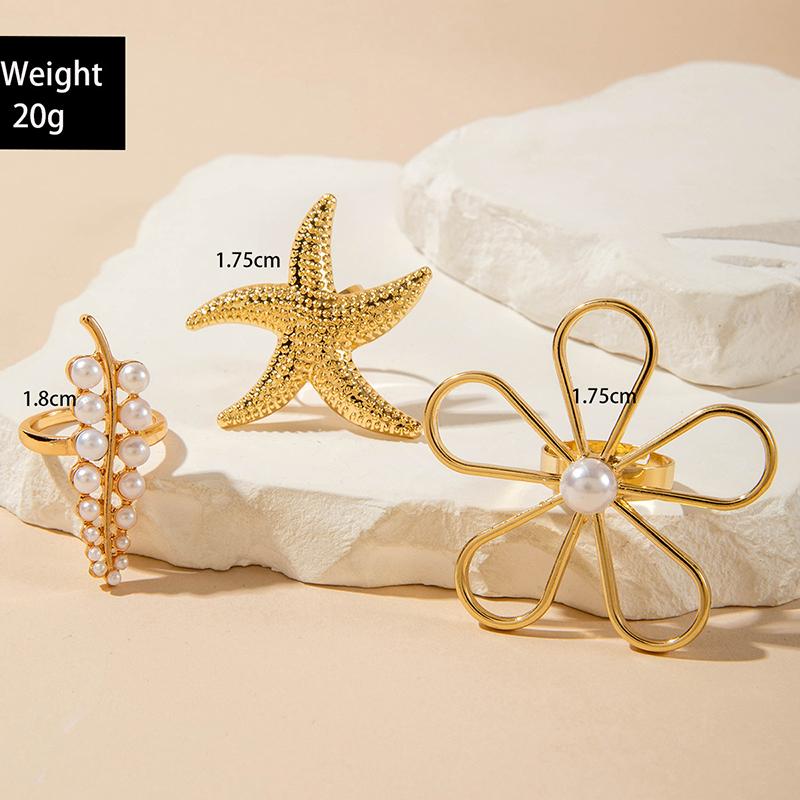 3Pcs Metal Pearl Flower Leaves Open Rings for Women Exaggerated Gold Color Starfish Punk Finger Rings Beach Style Jewelry Gifts