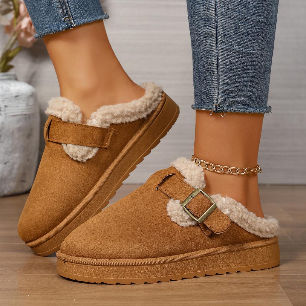 Модные женские коричневые замшевые мюли с закрытым носком, на подкладке, с ремешком на пряжке, на платформе, зимние, теплые, удобные, повседневные, слипоны для женщин