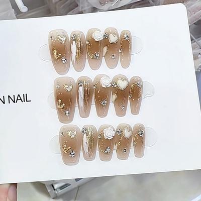 Чисто ручная работа Фототерапия Носимые ногтевые пластины Майяр Камелия Чай. Готовые изделия для ногтей Повторно использованный нейл-арт