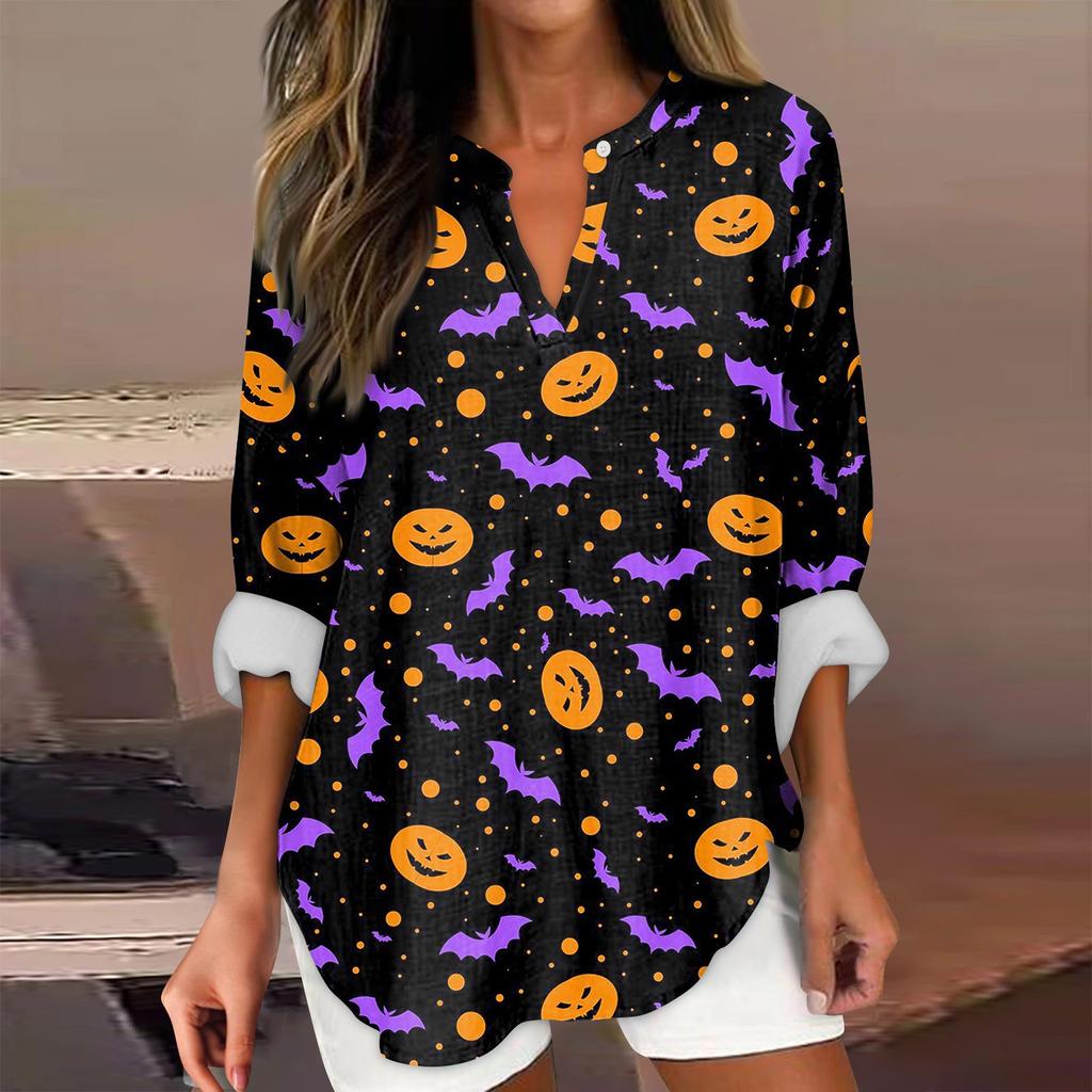Женские модные повседневные женские топы с v-образным вырезом и длинным рукавом с принтом на Хэллоуин