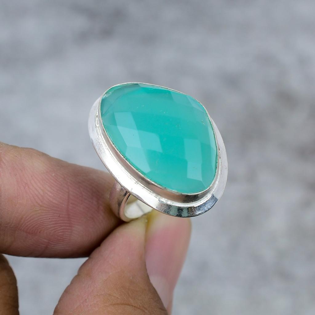 Green Chalcedony Gemstone Handmade 925 Sterling Silver Jewelry Ring Size 9 M-253