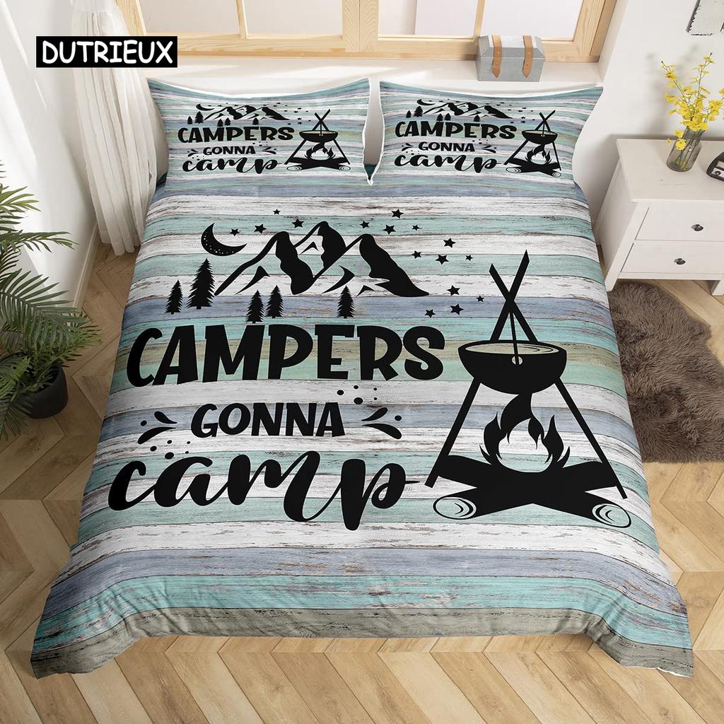 Пододеяльник в деревенском стиле с рисунком в виде эскиза, наволочка из полиэстера с рисунком Happy Camper, наволочка для пододеяльника в стиле старого амбара