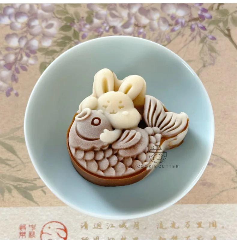 50 г Форма для лунного пирога в виде кролика кои 3D Милая форма для лунного пирога в виде животного Праздник середины осени Печенье Украшения для торта Инструменты для выпечки