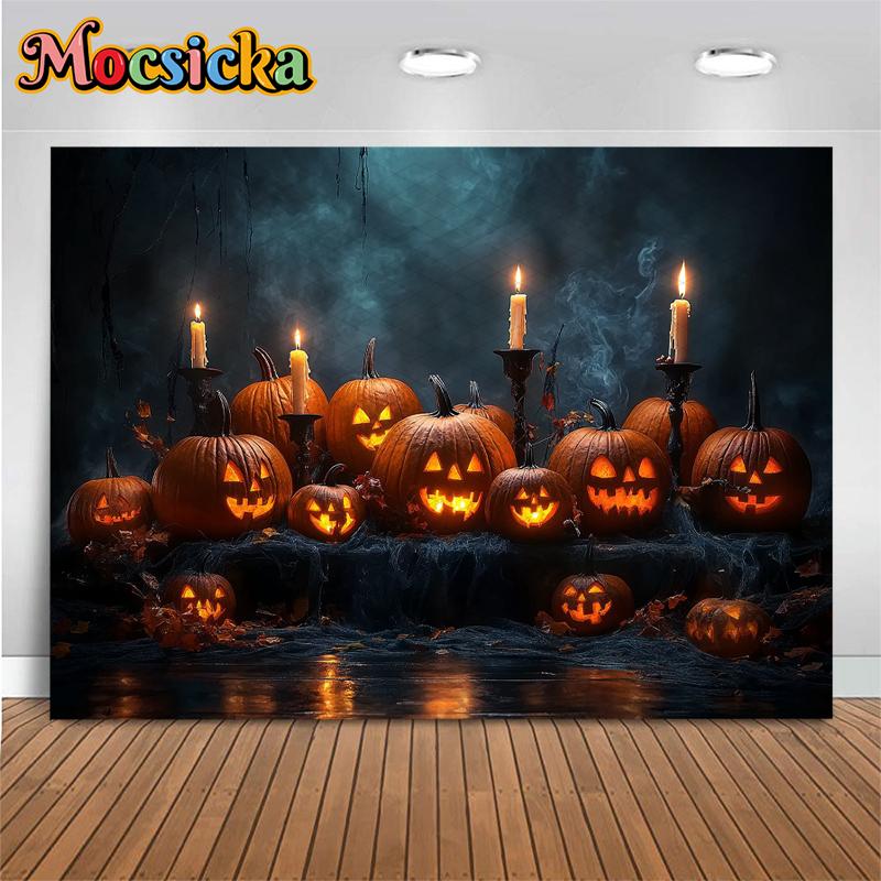 Mocsicka Хэллоуин Задний фон для фотографии Темная ночь Тыквы-фонари Фон с тыквами Декорация для фотосъемки детей Студия