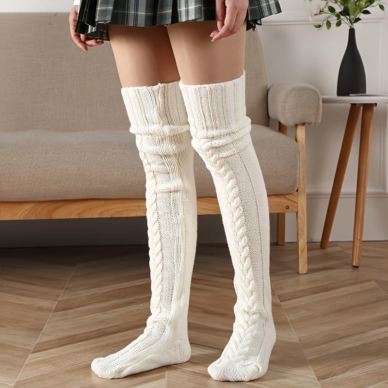 1 Pair Cable Knitted Thigh High Socks, Comfy & Warm Over The Knee Socks, Women's Stockings & Hosiery