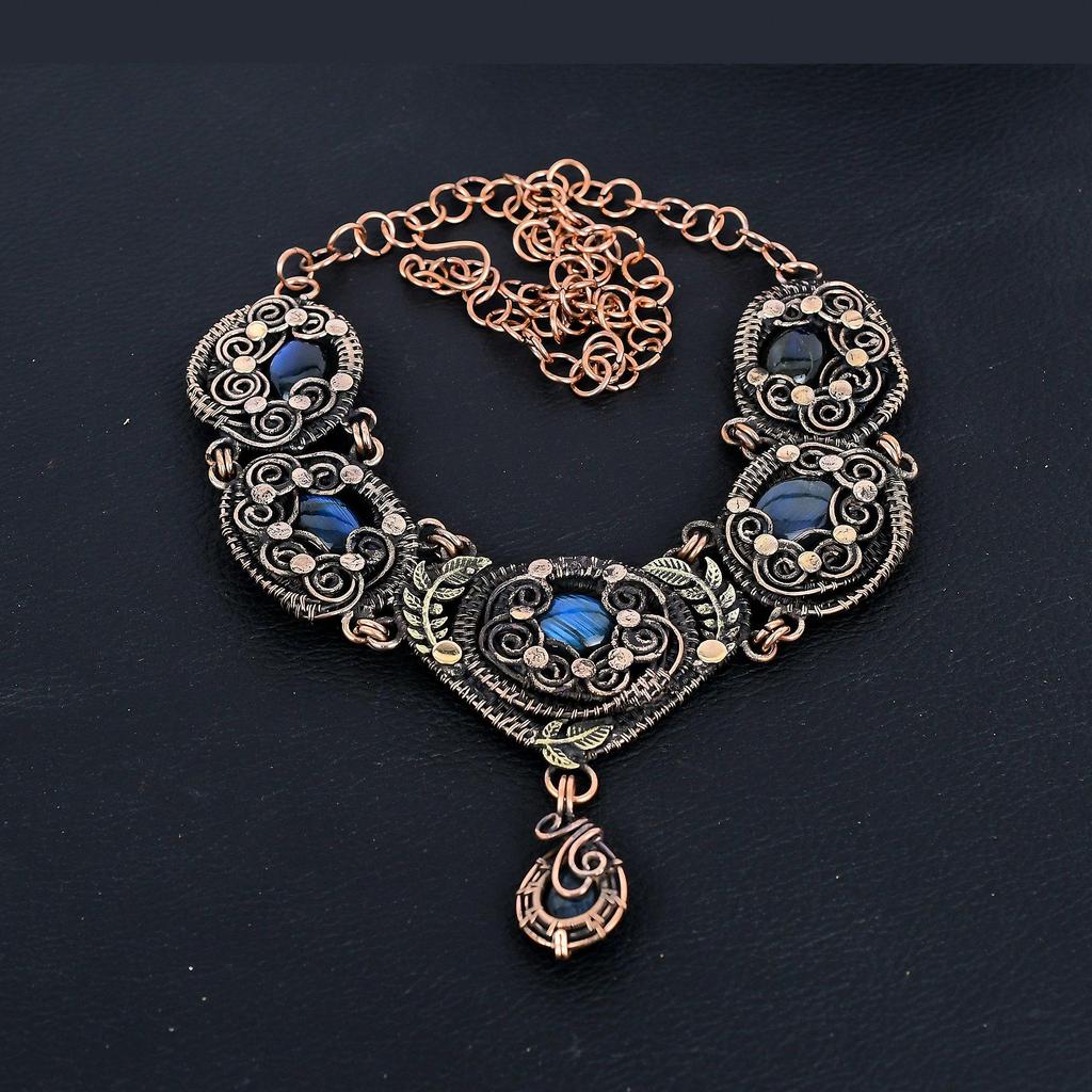 Ожерелье из лабрадорита, ювелирное изделие из драгоценного камня, ожерелье с регулируемой цепочкой, обернутое медной проволокой 999 пробы, подарок для женщин, ожерелье ручной работы