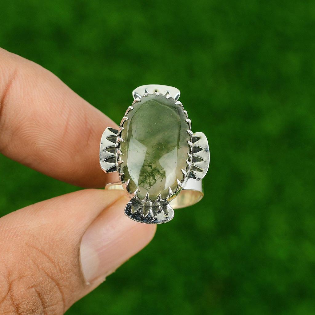 Кольцо-солитер из стерлингового серебра 925 пробы с натуральным солнечным моховым агатом, ювелирное изделие, США 6.5