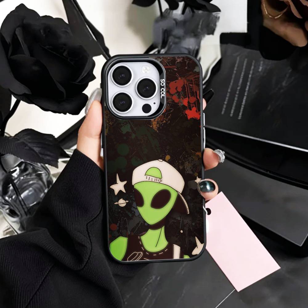 Cool C-Cartoon Alien Space Phone Case For iPhone17,16,15,14,13,12,11 Plus,Pro Max Colored Silver Plated Inside Cover