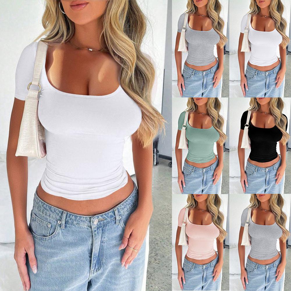 Женский летний короткий топ-футболка с круглым вырезом и короткими рукавами, облегающие футболки, повседневные кроп-топы