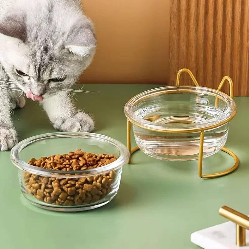 Стеклянная Миска для Кошки Собаки Миска для Щенка с Железной Рамкой Золотой Подставкой Поднятая Миска-Поилка Товары для Животных Аксессуары
