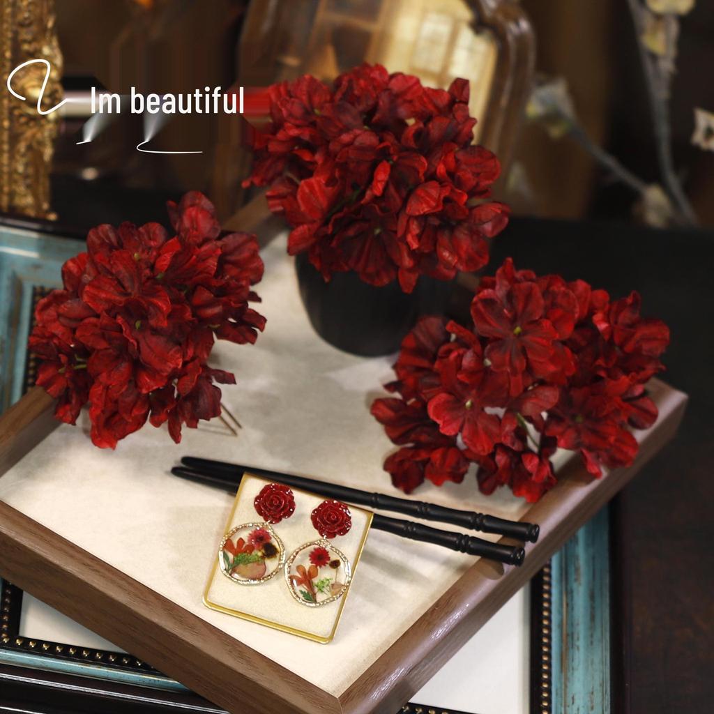 Ретро Заколка для волос в виде цветка из ткани винного цвета - Головной убор в классическом китайском стиле