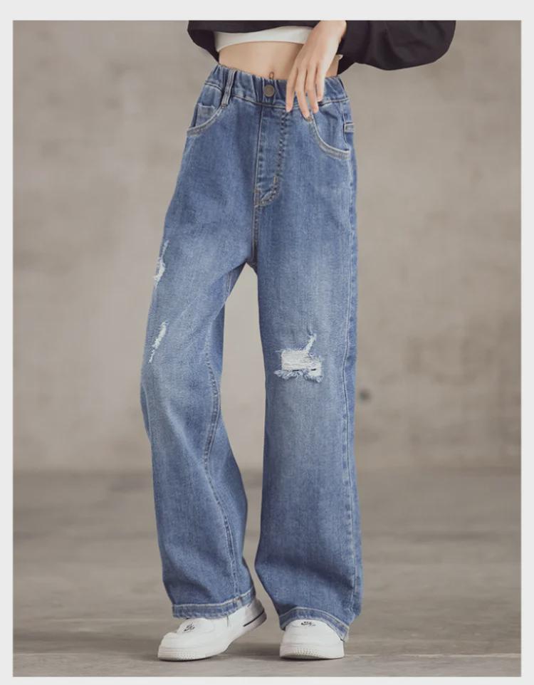 Весенние широкие джинсовые брюки для девочек 2022 года — корейский стиль, средние/большие размеры, идеально подходят для весны и осени