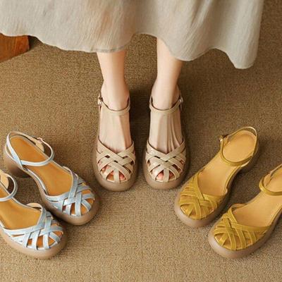 Летние ретро плетеные римские туфли на высоком каблуке с толстым каблуком и сандалиями с сумкой на щиколотке, женская одежда, женские сандалии