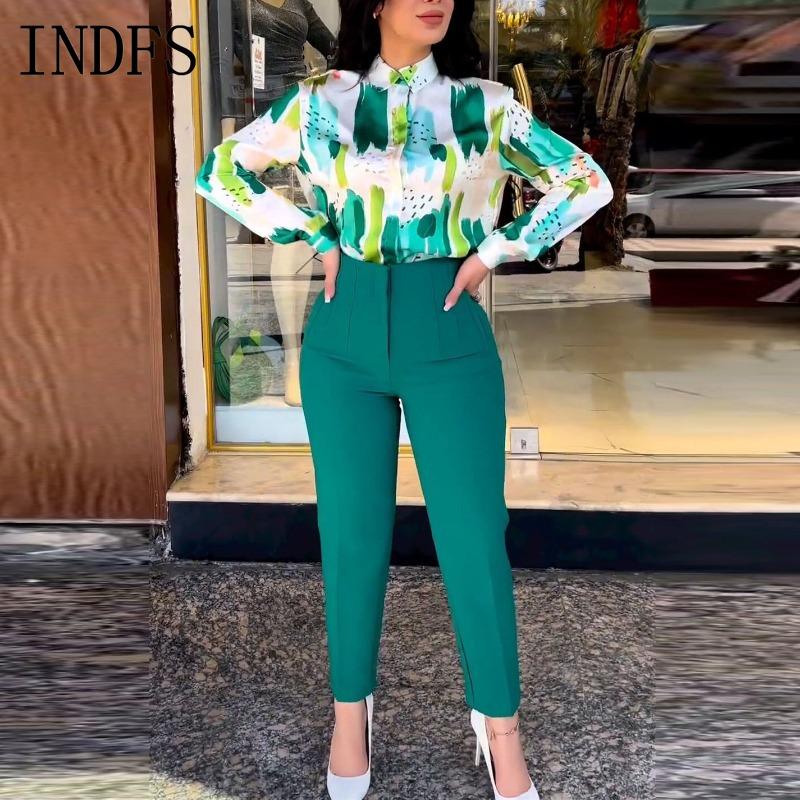 INDFS Women's Fashion Casual Spring Fall Long Sleeve POLO Neck Blouses & Shirts Trousers Pants Suits