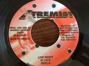 7-дюймовая пластинка SIZZLA - Live Right NONE Xtremist 2001 Ямайка Регги, Ска и Даб Б/у