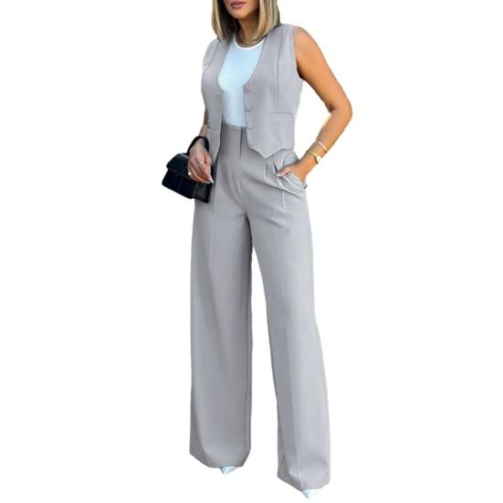 Women Wide Leg Pants with Sleeveless Vest Solid Color High Waist Elegant Lady Baggy Pants Set Casual Streetwear