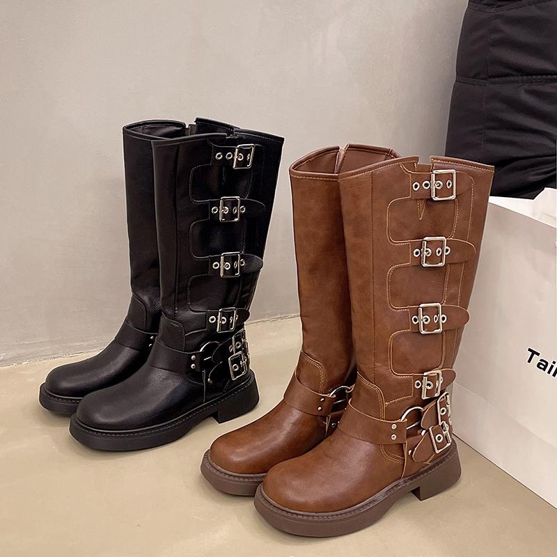 Осень и зима 2024 Винтажные сапоги Тонкие ковбойские сапоги в стиле вестерн Кожаные сапоги на среднем каблуке Кавалерийские сапоги