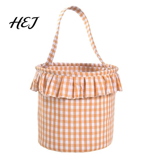 Trick or Treat Baskets Halloween Basket, Plaid Ruffle Candy Bucket with Handle Pumpkin Ghost Pattern Totes for Kids, Reusable Gingham Fabric