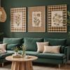 3pcs Frameless,Nostalgic Posters,Classic Country Wildflower Art Prints,Brown Checkered Flower Canvas Art,Bedroom Corridor Decor