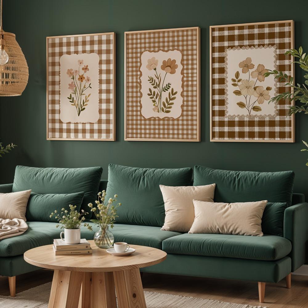 3pcs Frameless,Nostalgic Posters,Classic Country Wildflower Art Prints,Brown Checkered Flower Canvas Art,Bedroom Corridor Decor