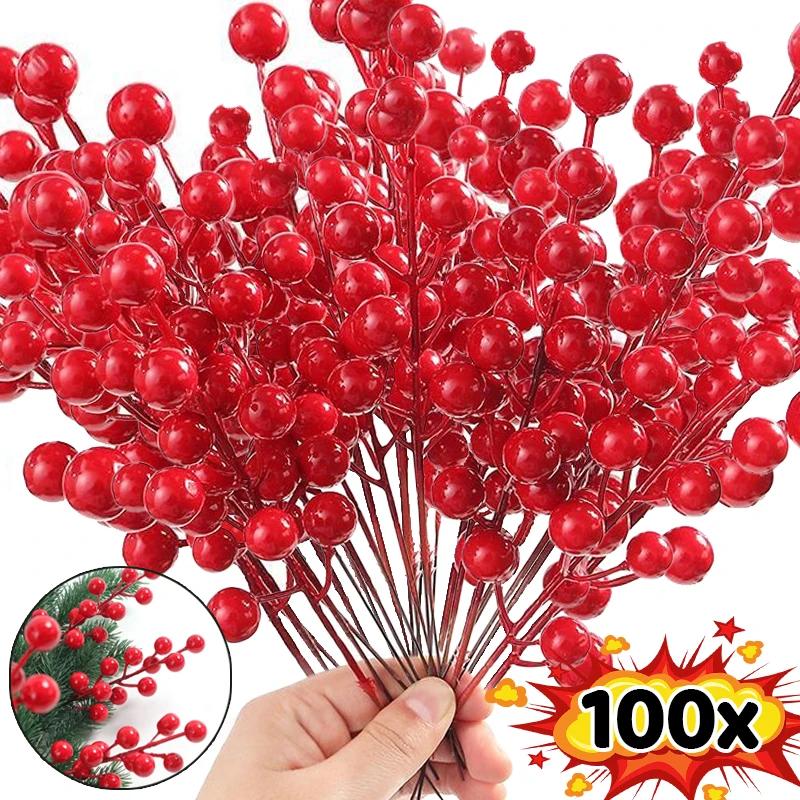 5/100 шт. искусственные цветы-тычинки из красных ягод падуба, рождественские искусственные красные ягоды, украшение для стебля на новогоднюю вечеринку, домашний декор