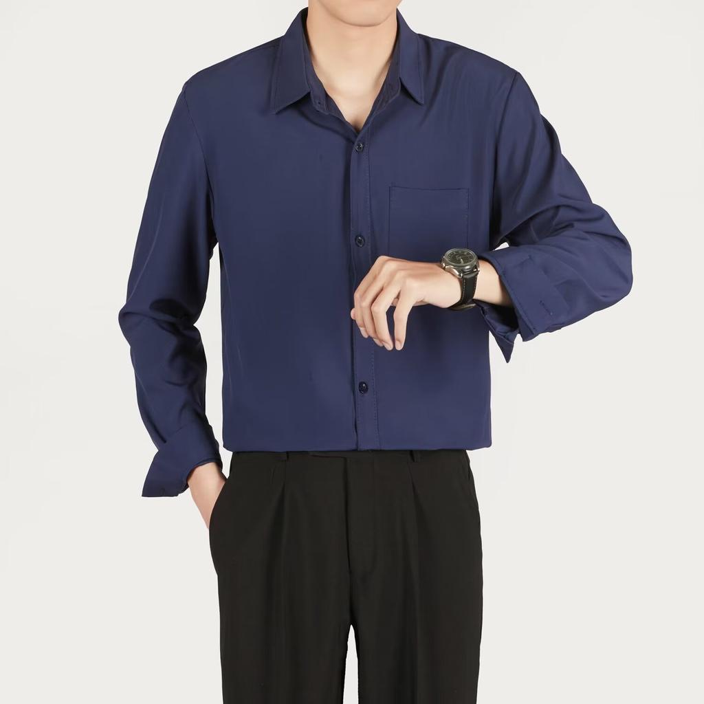 High End Casual Solid Color Long Sleeved Shirt No Ironing Loose Hanging Feeling Shirt Men's Handsome Top