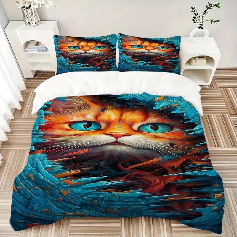 3Pcs Abstract Cat Portrait Bedding Set Soft Fabric Duvet Cover Pillowcases Home Christmas Xmas Halloween Gift 1 Duvet Cover 2 Pillowcase G1143