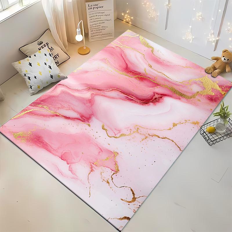Pink and Gold Marble Texture Design Rug. Non-slip rug suitable for living room and bedroom sofas.