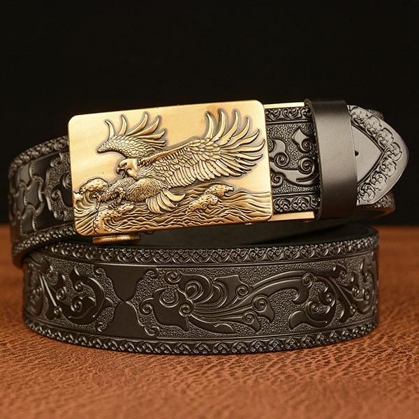 Belt Genuine Leather Belt for Men Carving Pattern Animal Eagle Automatic Buckle Belt Strap