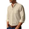 Summer Casual Shirts Men's Solid Color Long Sleeved Linen Shirts Stand Collar Breathable Shirts with Pockets
