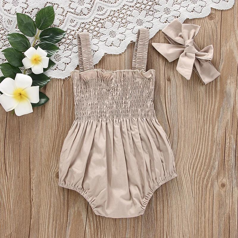 Infant Baby Girl Romper Clothes Ruched Casual Sleeveless Newborn Bodysuit with Headband Summer Jumpsuit Cute Toddler Outfit Suit
