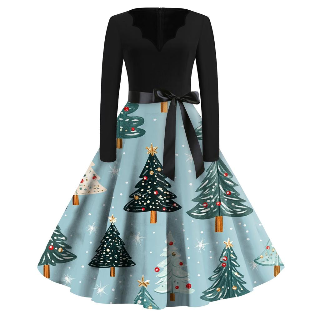 Женские модные повседневные тонкие рождественские платья с длинным рукавом с v-образным вырезом и принтом