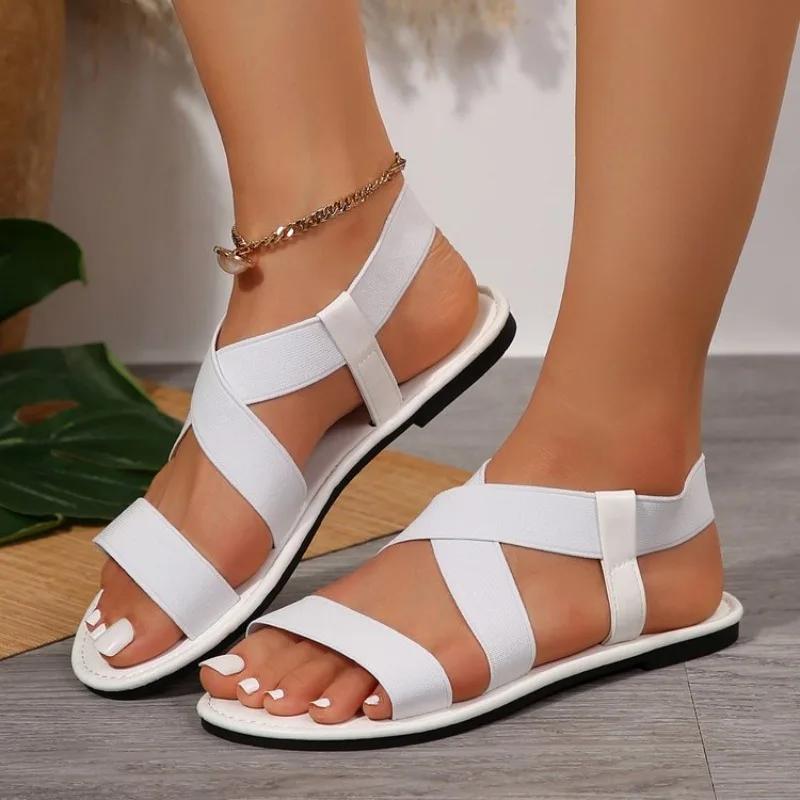 Летние однотонные сандалии на плоской подошве Popula 2024, уличные тапочки с открытым носком, пляжная женская обувь, большие размеры, шлепанцы Zapatos De Mujer