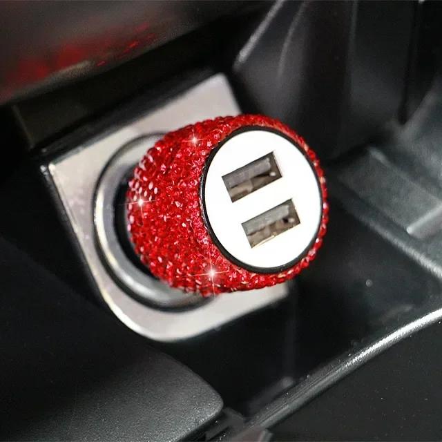 Блестящее USB-автомобильное зарядное устройство 5 В 2,1 А, двойной порт, быстрый адаптер, розовое автомобильное украшение, стайлинг автомобиля, бриллиантовые автомобильные аксессуары, интерьер для женщины