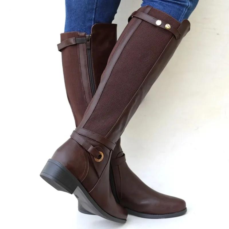 Womens Chunky Heel Leather Boots Long Booties Knee High Boots for Ladies Winter Shoes Slouchy Boots for Women Wide Calf