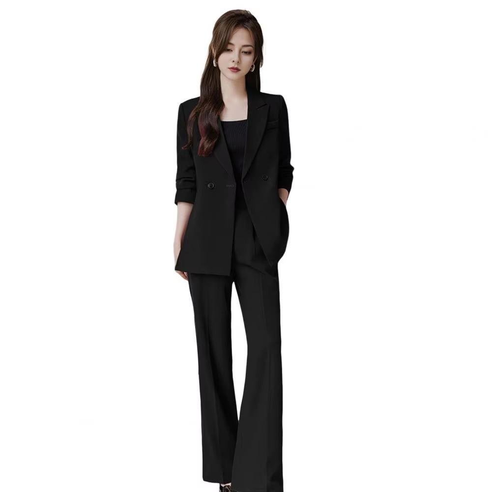 Lady Commuter Suit Elegant Women's Formal Suit Set with Turn-down Collar Jacket Pure Color Trousers Stylish for Commuting
