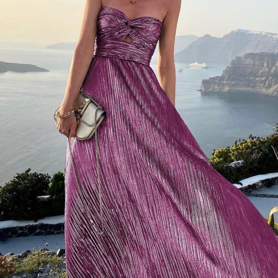 Women Evening Off Shoulder Backless Sleeveless Bronzing Bandeau Out High Waist Pleated Prom Party Banquet Maxi