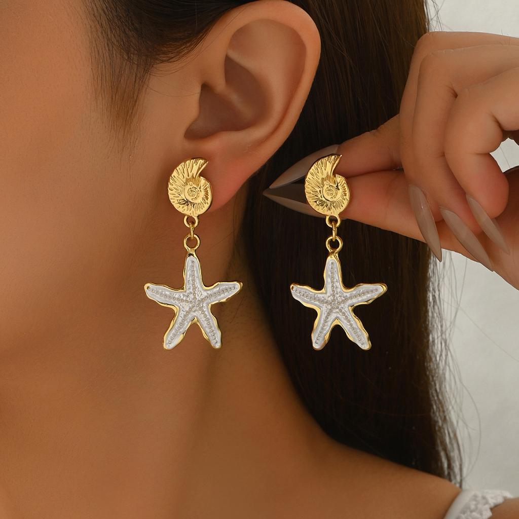 High End Ocean Stud Earrings Women Geometric Starfish Shell Drip Oil European Vacation Casual Jewelry