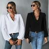 Women V Neck Flounce Long Sleeve Blouse Tops Spring Summer Solid Color Baggy Shirts Commuter Casual Style