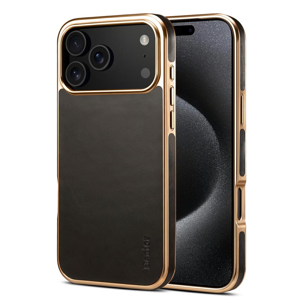 DENIOR A01 For iPhone 17 Pro Max Case Waxy Texture Genuine Cow Leather Electroplating Back Cover