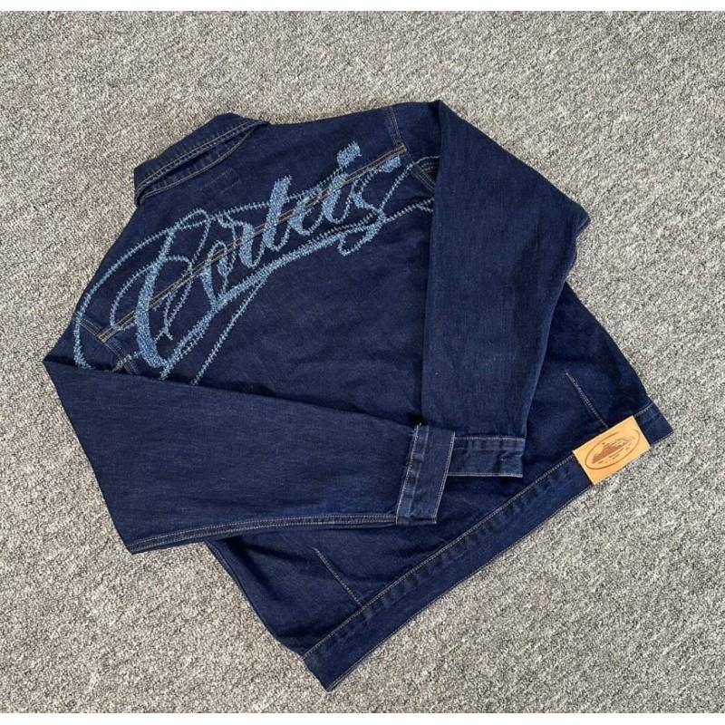 American Streetwear Island Print Unisex Denim Jacket Pants Set Casual Jeans