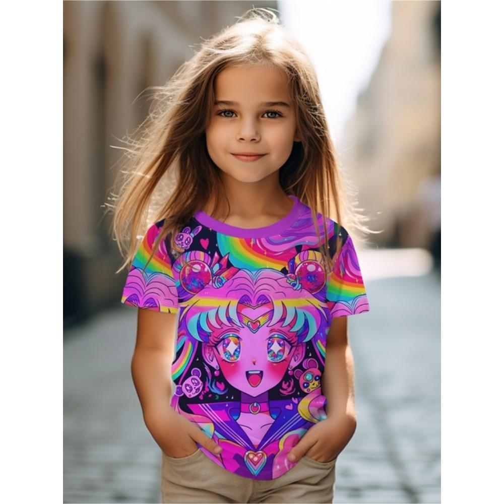 Одежда для девочек Футболки для девочек Топы с коротким рукавом Детская летняя одежда Мультяшные аниме-принты Детская одежда с круглым вырезом