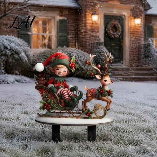 Outdoor Christmas Lawn Decorations Elf Garden Stake Reindeer Sleigh Acrylic Yard Art Landscape Accents Waterproof Xmas Ornament for Holiday
