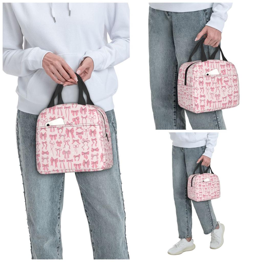 Various Pink Colorful Bow Tie Insulated Lunch Bag for Women Office Cooler Thermal Food Box Tote Portable Lunch Boxes Container