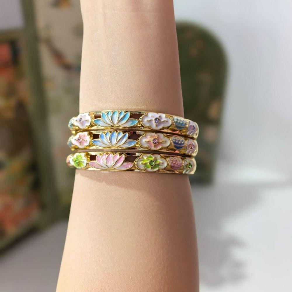 Gold Plated Enamel Floral Bangle Chinese Style Cloisonne Bangle Women's Flower Bracelet Ladies