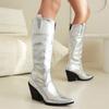 Women's Knee High Boots Luxury Silver Black Long Cowboy Boot Pointed Toe Wedges Heel Party Winter Shoes Ladies Large Size 46 45