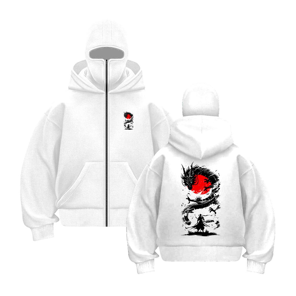 Белый Дракон с Принтами Красного Солнца и Мечника Уличная Одежда Мужские Толстовки на Молнии Осень Спортивная Толстовка Повседневный Свободный Топ