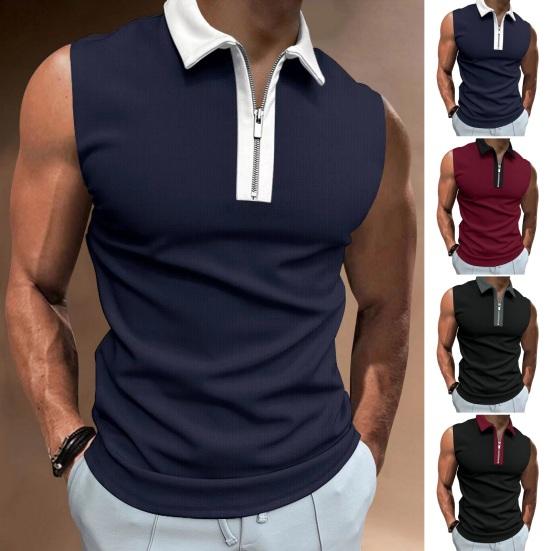 Мужская летняя рубашка с отложным воротником на молнии без рукавов, сплошной цвет, накладной карман, дышащий пуловер, облегающий повседневный топ средней длины
