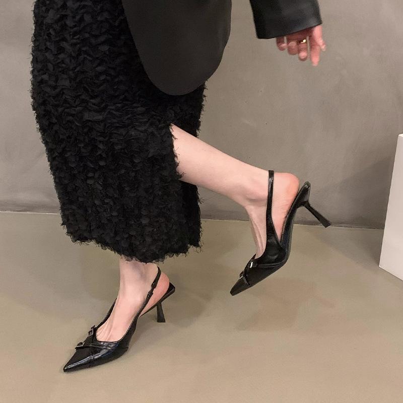 Нишевые французские черные туфли на высоком каблуке, сумка, сандалии с головкой, женская обувь 2025, новая летняя темпераментная обувь для светской львицы с острым носком, одинарные туфли